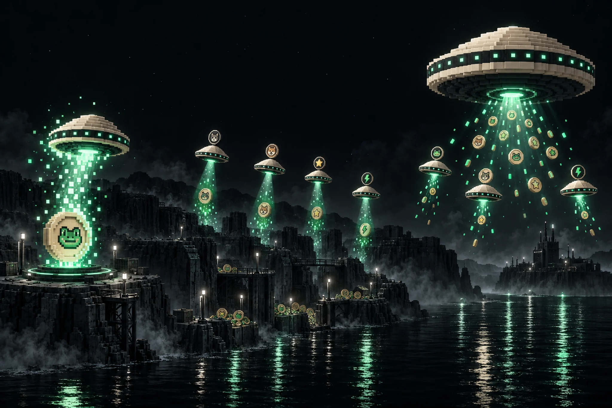 A coin turns into a UFO on a launch pad, UFOs beam coins up from the trenches, fly profit up to the mothership, and the mothership rains coins back down on them.